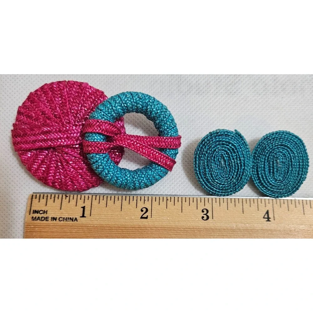 Vintage‎ HOT Pink and Turquoise Blue Raffia Weave Oval Earrings Brooch Pin 80's